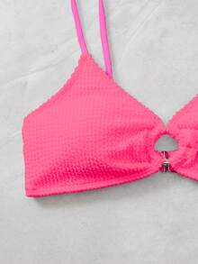 Swim Basics 女士夏季新款褶皱面料吊带圆环拼接泳衣上装 - 玫紅色 - 查看 3