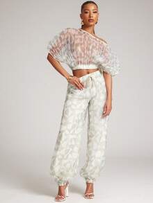 NYA SZN 配套褶皱印花露肩上衣和束脚裤 - 彩色 - 查看 3