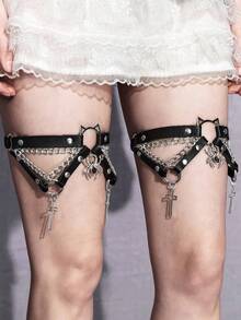 ROMWE 2pcs Women's Black Crystal Spider Accessory Chain Decor Gothic Leg Garter Shorts, Versatile For Halloween & Daily Wear - Black Cat Head Spider Cross Leg Ring - View 3