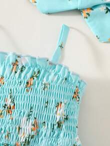 SHEIN Vintaside Kids BABYGIRL Summer Spaghetti Strap Romper With Ruffled Hem, Playful Design For Everyday Wear - Baby Blue - View 3