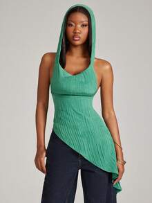 NYA SZN 女士纯色不对称下摆时尚连帽吊带上衣 - 綠色 - 查看 1