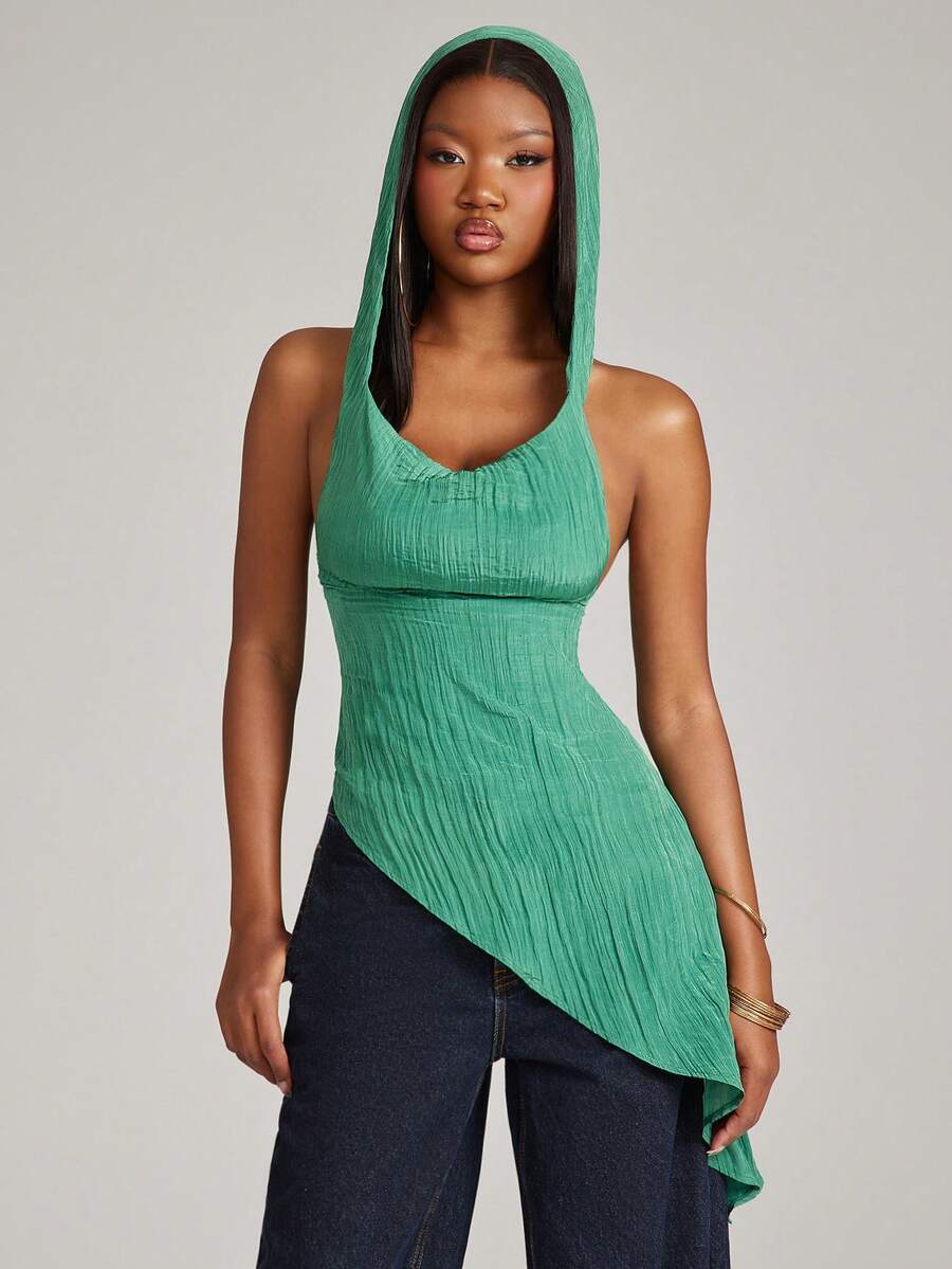 NYA SZN 女士纯色不对称下摆时尚连帽吊带上衣 - 綠色 - 查看 1