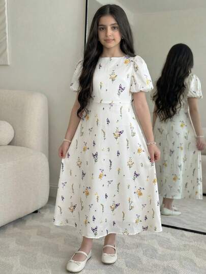 SHEIN DRMZ Tween Girl Tween Girl Elegant Off Shoulder Court Sleeve Vintage Floral Printed Silk Dress