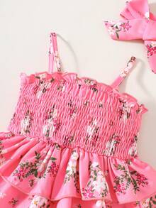 SHEIN Vintaside Kids BABYGIRL Summer Spaghetti Strap Romper With Ruffled Hem, Playful Design For Everyday Wear - Hot Pink - View 3