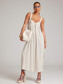 NYA SZN 女士条纹褶皱休闲派对连衣裙，适合夏季穿着 - 杏色 - 查看 5