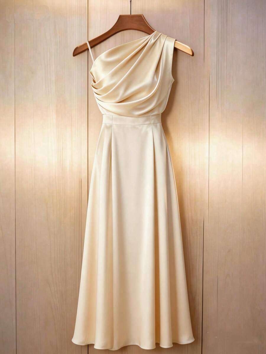 Franclia Apricot Satin Ruched One-Shoulder Dress/Waist-Cinched Elegant Gown/A-Line Long Dress - Apricot - View 1
