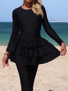 Swim Mulvari Women's Multi-Tier Ruffle Design Long Burkini Two Pieces Set, Mature Style For Beach & Resort Wear - Black - View 2