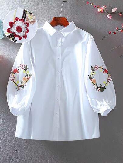Linhara 大码女式刺绣中袖休闲衬衫
