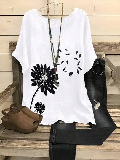 EMERY ROSE Plus Size Printed Casual Elegant Round Neck Drop Shoulder Blouse