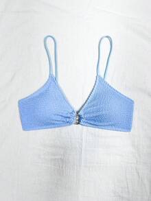 Swim Basics New Summer Crinkle Fabric Spaghetti Strap Round Ring Splice Swimwear Top - Baby Blue - View 3