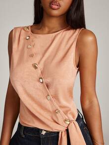 NYA SZN Top Cropped Tie Front Sleeveless Gold Button Versatile Y2k Warm Weather Outfits For Women - Pink - View 4