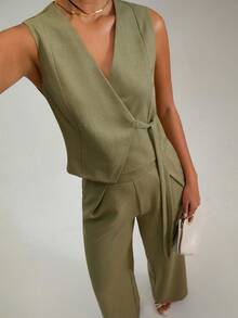 EURMUSE 带十字架细节的仿亚麻套装 仿亚麻 - 卡其色 - 查看 3