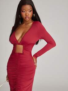 NYA SZN VESTIDO MIDI COM DECOTE EM V E RECORTE QUADRADO - Vermelho - Ver 3