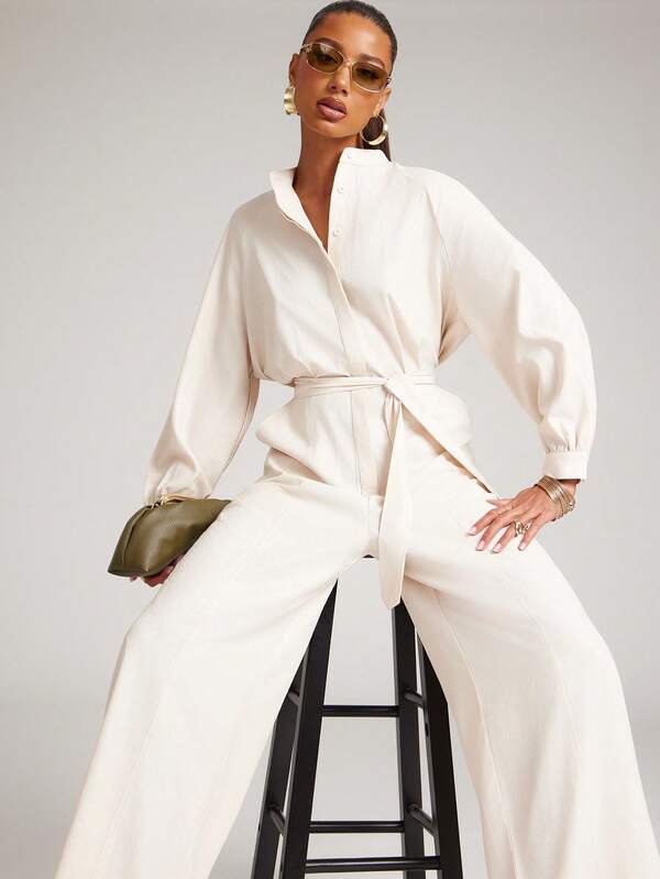 NYA SZN Jumpsuit Button Up Mandarin Collar Oversized Bow Back Belted Wide Leg White Easter Versatile Festival Y2k Easter Memorial Day Mothers Day Picnic Brunch Casual Sexy Cool Girl Everyday Going Out Party Special Occasion Travel Vacation Office Siren Western Country Date Night Elegant Luxury Business Casual Event Wedding Formal Brunch Office Street Style Spring Summer Statement Carnival Bridal Shower Outfits For Women