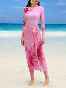 Swim Mulvari Spring/Summer New Women Vacation Beach Floral Print Long Sleeve Top, Pants And Mesh Skirt 3-Piece Set - Pink - View 3