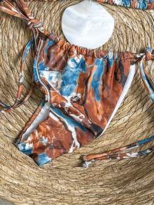 Bonvoyette Traje de baño de mujer con estampado de olas y arrecifes, combinado con un conjunto de bikini sexy con halter de gran concha brillante - Multicolor - Ver 4