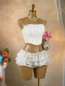 SaltGleam SaltGleam Women's Lace Faux Fishbone Bandeau Top, Sexy Music Festival Outfit White Two Piece Swimsuit Ruffle Set White Two Piece Set Women Cream Two Piece Set Two Piece White Set Bride Bachelorette Outfit Bridal Bathing Suit 2 Piece Sets Woman Vacation Outfits Women 2 Piece Set - White - View 5