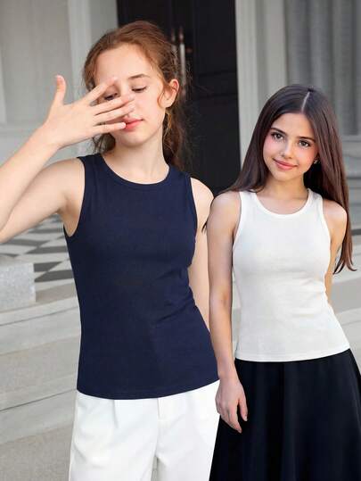 2pcs Teen Girl Solid Color Blue & White Knit Camisoles