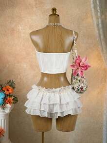 SaltGleam SaltGleam Women's Lace Faux Fishbone Bandeau Top, Sexy Music Festival Outfit White Two Piece Swimsuit Ruffle Set White Two Piece Set Women Cream Two Piece Set Two Piece White Set Bride Bachelorette Outfit Bridal Bathing Suit 2 Piece Sets Woman Vacation Outfits Women 2 Piece Set - White - View 2