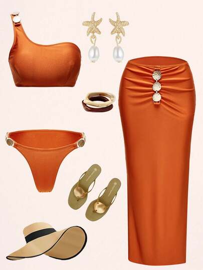 Swim Oasis Women's 3-Piece Swimwear Set For Summer Vacation: Rust Brown Nylon Shiny Elegant Metal Decor Halter Top, Maxi Skirt, Beach Outfit