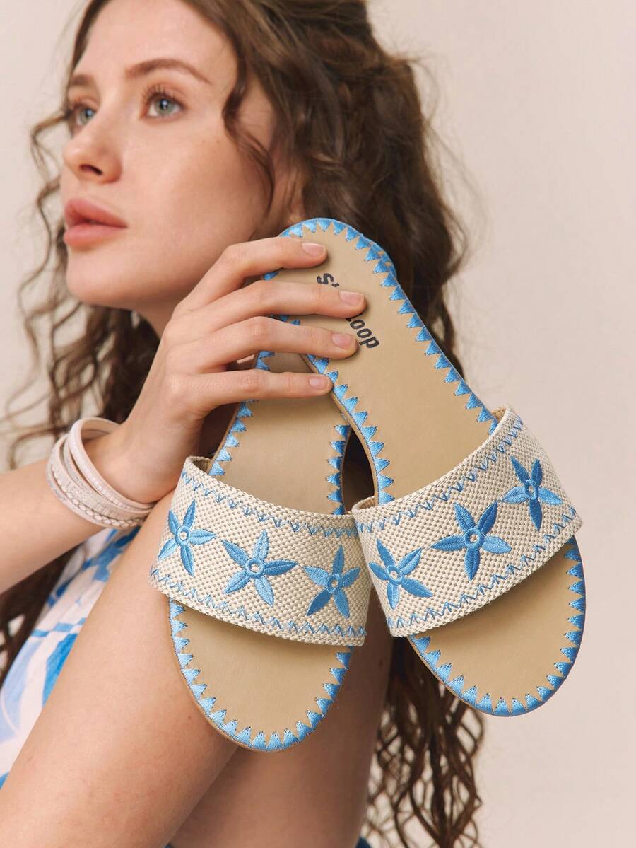 Styleloop Giày sandal đế xuồng dây thừng đan cho nữ, kiểu dáng nghỉ dưỡng BOHO Chic Retro American Western, thích hợp cho các lễ hội âm nhạc và tiệc tùng. - Hoa xanh - Xem 1