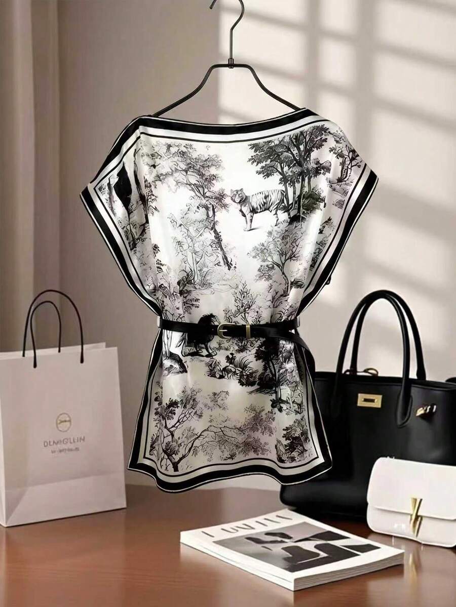 Elenzga 女士优雅水墨图案印花不对称领蝙蝠袖宽松衬衫 - 黑與白 - 查看 1