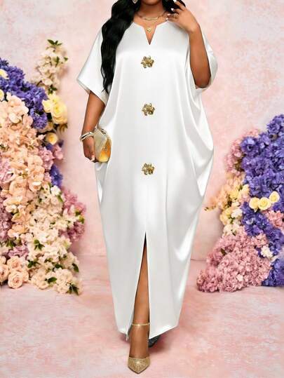 SHEIN Lady Plus Size Women V-Neck Metal Decor Split Casual Dress, Suitable For Summer