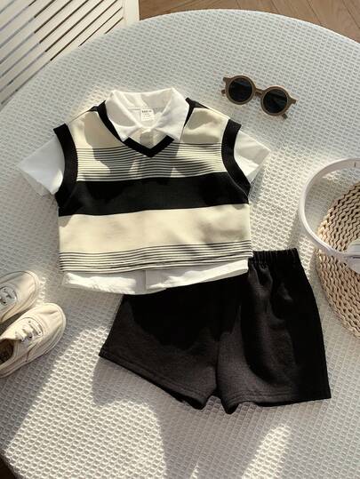SHEIN 男婴夏季学院风可爱条纹拼接背心、白色衬衫、短裤三件套，适合生日派对、锐舞派对、晚宴、演出、婚礼、迎婴派对、洗礼、周岁生日庆祝、婚礼宾客等场合。
