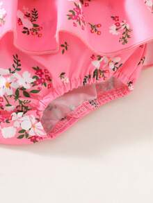 SHEIN Vintaside Kids BABYGIRL Summer Spaghetti Strap Romper With Ruffled Hem, Playful Design For Everyday Wear - Hot Pink - View 6