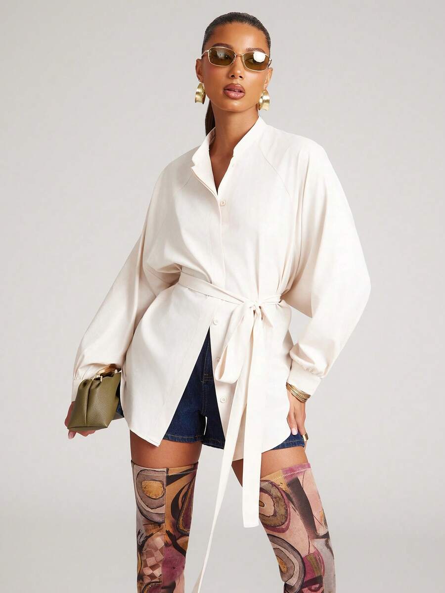 NYA SZN 女士纯色打结休闲通勤长袖上衣 - 杏色 - 查看 1