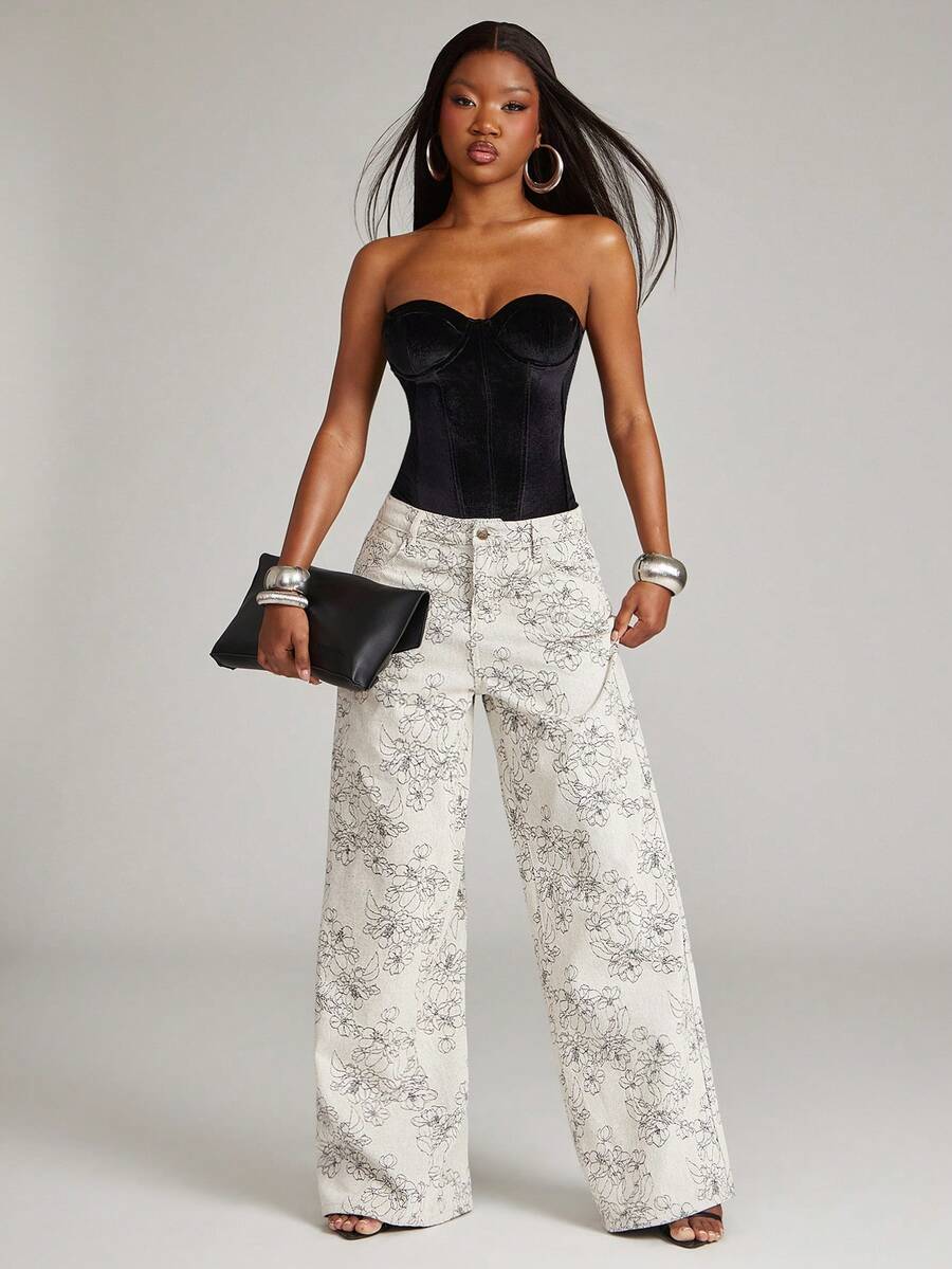 NYA SZN Fashionable & Elegant Commuting Jacquard Wide-Leg Jeans - Multicolor - View 1