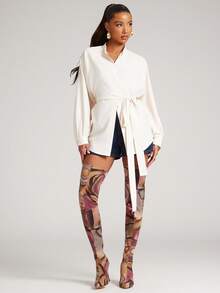 NYA SZN 女士纯色打结休闲通勤长袖上衣 - 杏色 - 查看 3