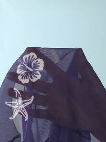 Swim Mod 3pcs Women's Surfing Outfit Set, Cherry Letter Print Spaghetti Strap Bikini, Sheer Mesh Cover Up Round Neck Short Sleeve T-Shirt, Knit Swimsuit - Royal Blue - View 6