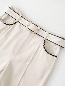 Franclia 米色喇叭裤，黑色波浪边饰 / 高腰复古通勤裤，配宽腰带，日常百搭 - 杏色 - 查看 3