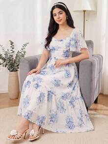 SHEIN 少女复古蓝白碎花荷叶袖A字长裙，松紧腰身，优雅度假风，适合情人节、度假、假日休闲、女童连衣裙、夏季/女童夏季服装/夏季服装、公主风连衣裙 - 淺藍色 - 查看 2