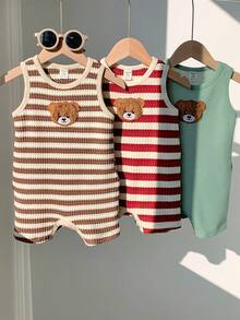 SHEIN 3pcs/Set Newborn Unisex Baby Clothes, Baby Boy & Girl Summer Cute Casual Knitted Striped Cartoon Bear Sleeveless Romper 3-Piece Set, Basic Multi-Pack - Multicolor - View 4