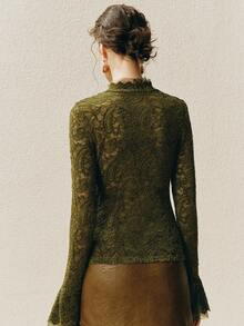 Arave Women's Velvet Lace Contrast Mesh Design Slim Fit Flared Cuff V-Neck Elegant Green Long Sleeve Blouse - Green - View 3