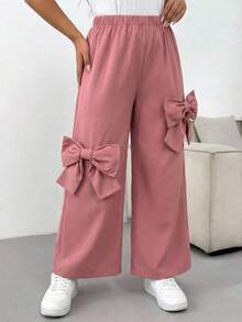 SHEIN 女童休闲日常蝴蝶结装饰松紧腰裤 - 粉色 - 查看 3