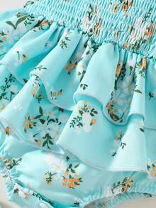 SHEIN Vintaside Kids BABYGIRL Summer Spaghetti Strap Romper With Ruffled Hem, Playful Design For Everyday Wear - Baby Blue - View 5