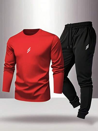 Manfinity Sport Corelite 男士运动套装，长袖T恤和长裤，带有时尚标志