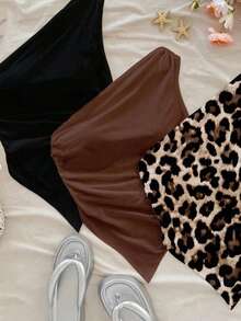 SHEIN Teen Girls 3pcs Vacation Casual Asymmetric Hem Asymmetrical Shoulder Top, Summer 2 Pieces Set, Suitable For Back To School, Afternoon Tea, Casual, Beach Wedding Guest, Graduation Brunch, St. Patrick's Day, Spring Break, Easter, Music Festival, Elegant Boho Tropical, Leopard Print, Black, White - Multicolor - View 6