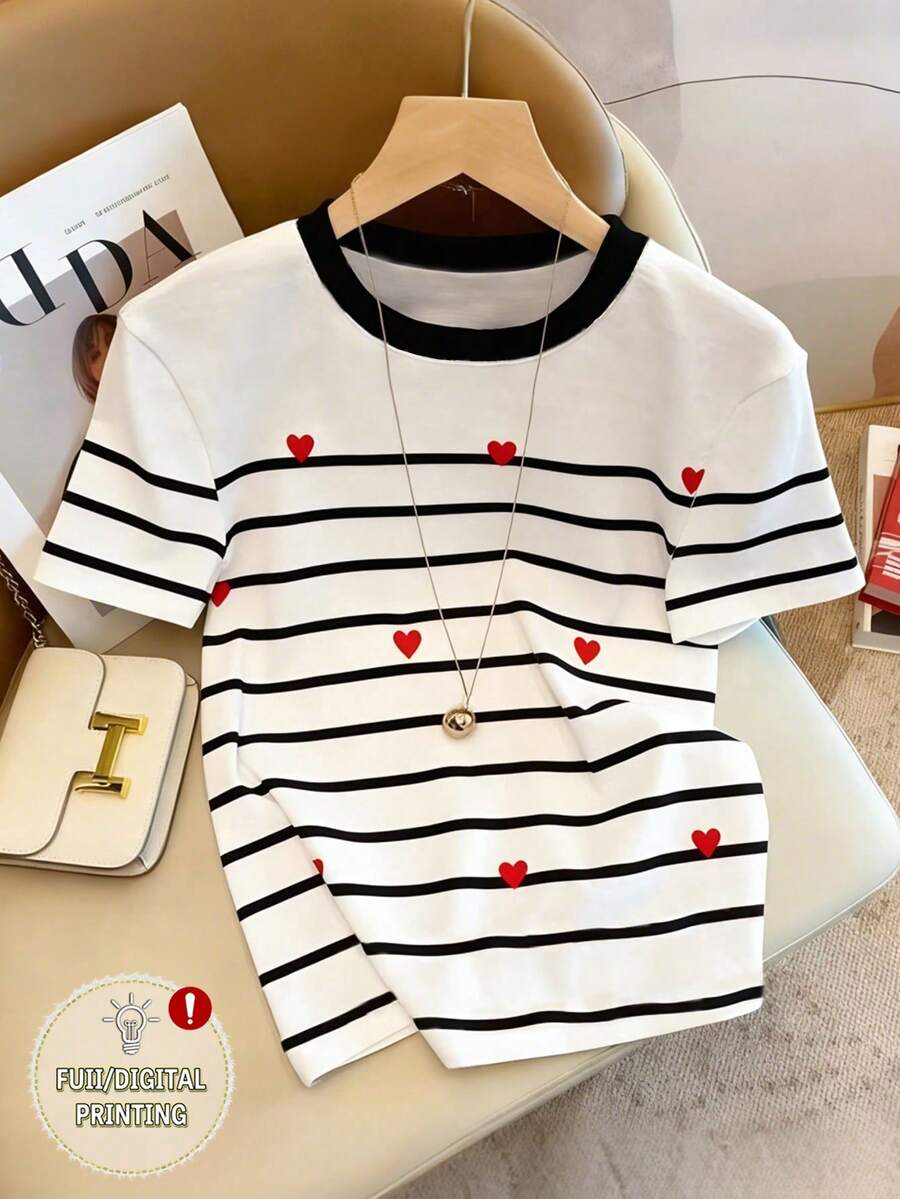 Resyla 女士加大码圆领爱心印花休闲百搭日常短袖T恤 - 彩色 - 查看 1