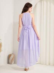 SHEIN 少女纯色无袖露背花卉装饰连衣裙 - 紫色 - 查看 3