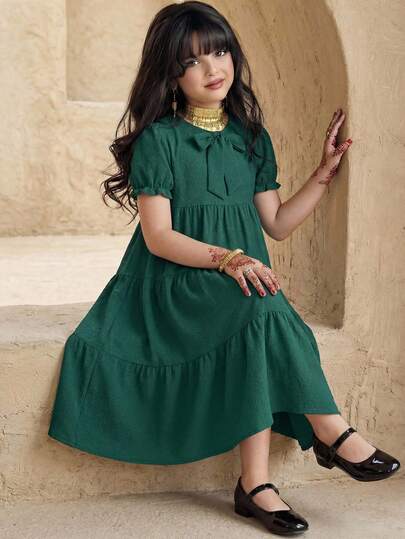 SHEIN Tween Girl's Casual Loose-Fit Short Sleeve Dress With Lantern Hem And Bow Decorated Neckline