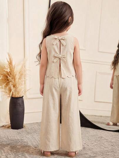 SHEIN 2pcs/Set Young Girl Woven Solid Color Round Neck Crop Top And Loose Woven Long Pants