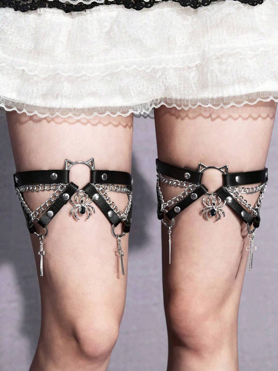ROMWE 2pcs Women's Black Crystal Spider Accessory Chain Decor Gothic Leg Garter Shorts, Versatile For Halloween & Daily Wear - Black Cat Head Spider Cross Leg Ring - View 1
