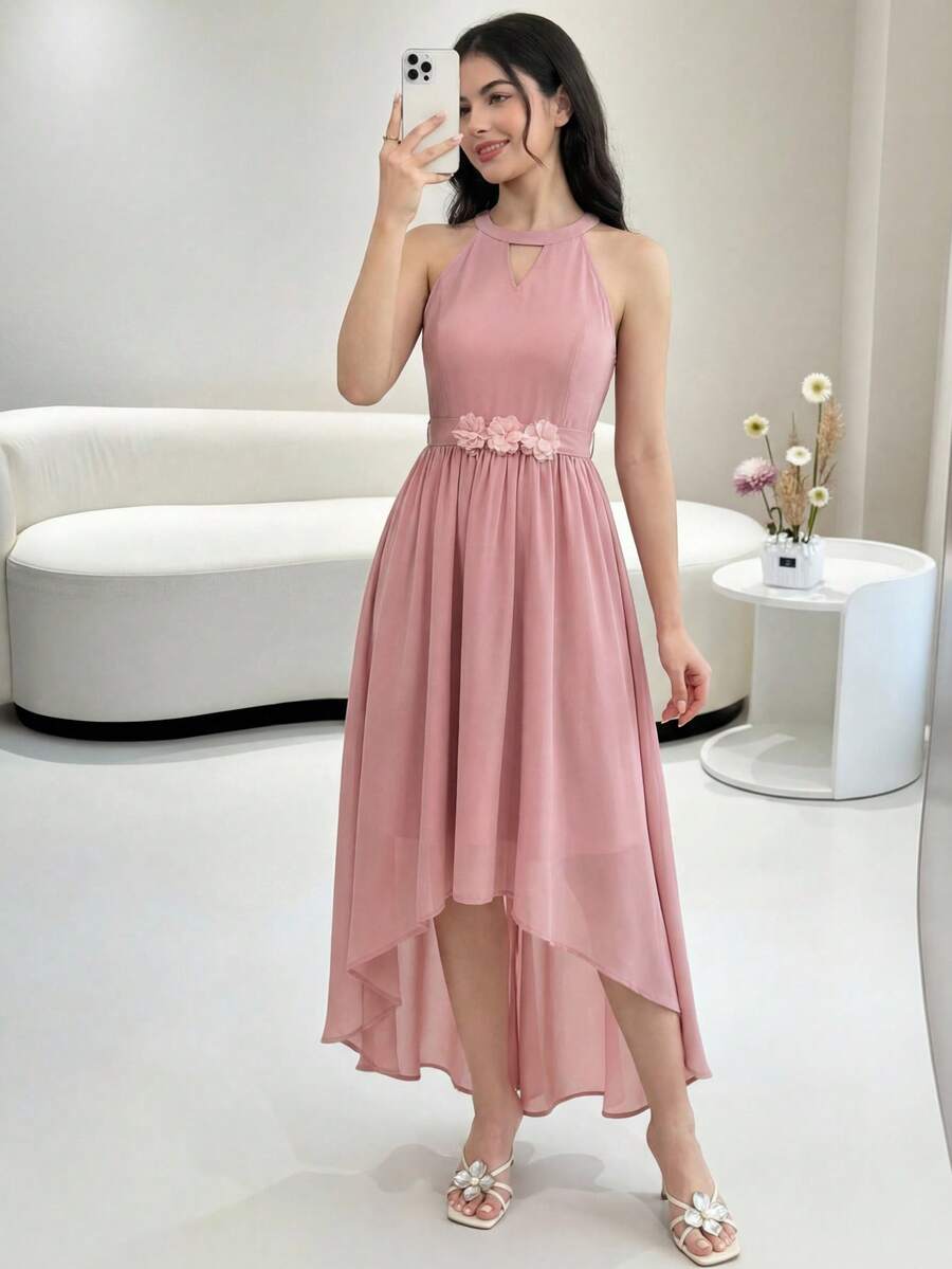 SHEIN Teen Girls Appliques High Low Hem Halter Ruffle Dress,Summer Dress Graduation Dress - Dusty Pink - View 1