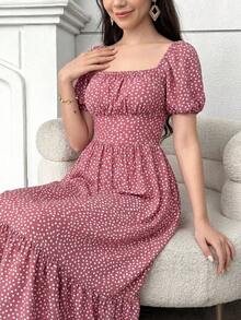 Vestido juvenil con manga corta abullonada y estampado floral, tejido con fruncido - Rosa - Ver 2