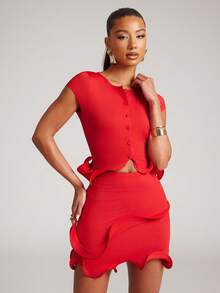 NYA SZN Bộ đồ đồng bộ gồm váy ngắn, chi tiết viền chỉ và cúc cài phía trước. - Đỏ - Xem 1