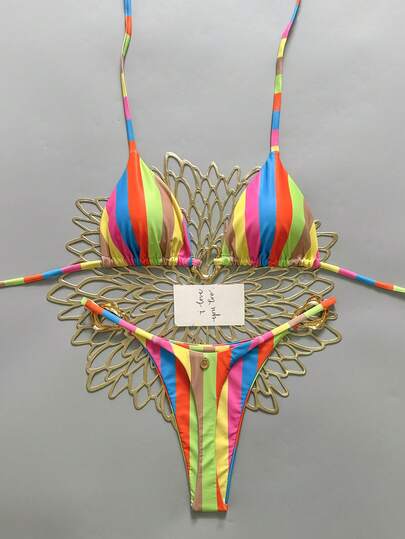 Swim Vcay Bộ đồ bơi nữ mới, kiểu dáng mới, gồm áo hai dây hở lưng và quần bikini cạp cao, họa tiết sọc nhiều màu sắc, gợi cảm.